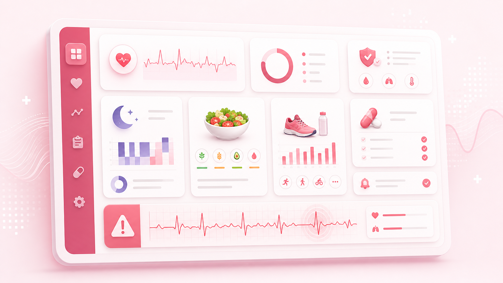RubyHealth patient monitoring dashboard with vitals, sleep, diet, exercise, medication, and warning signal cards